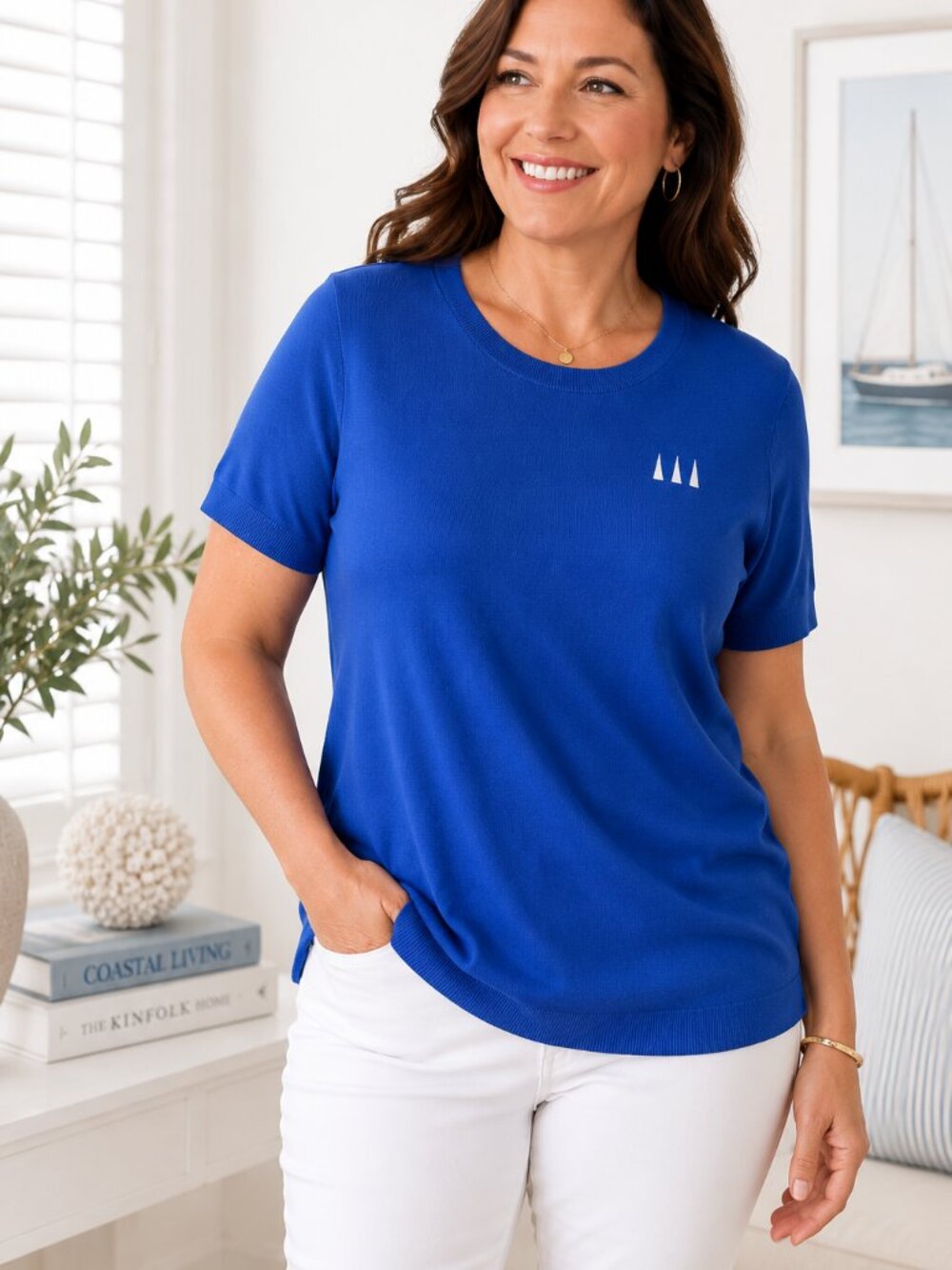 NWT Lands' End Sweater Knit Top 1X Blue Short Sleeve Pullover Lightweight